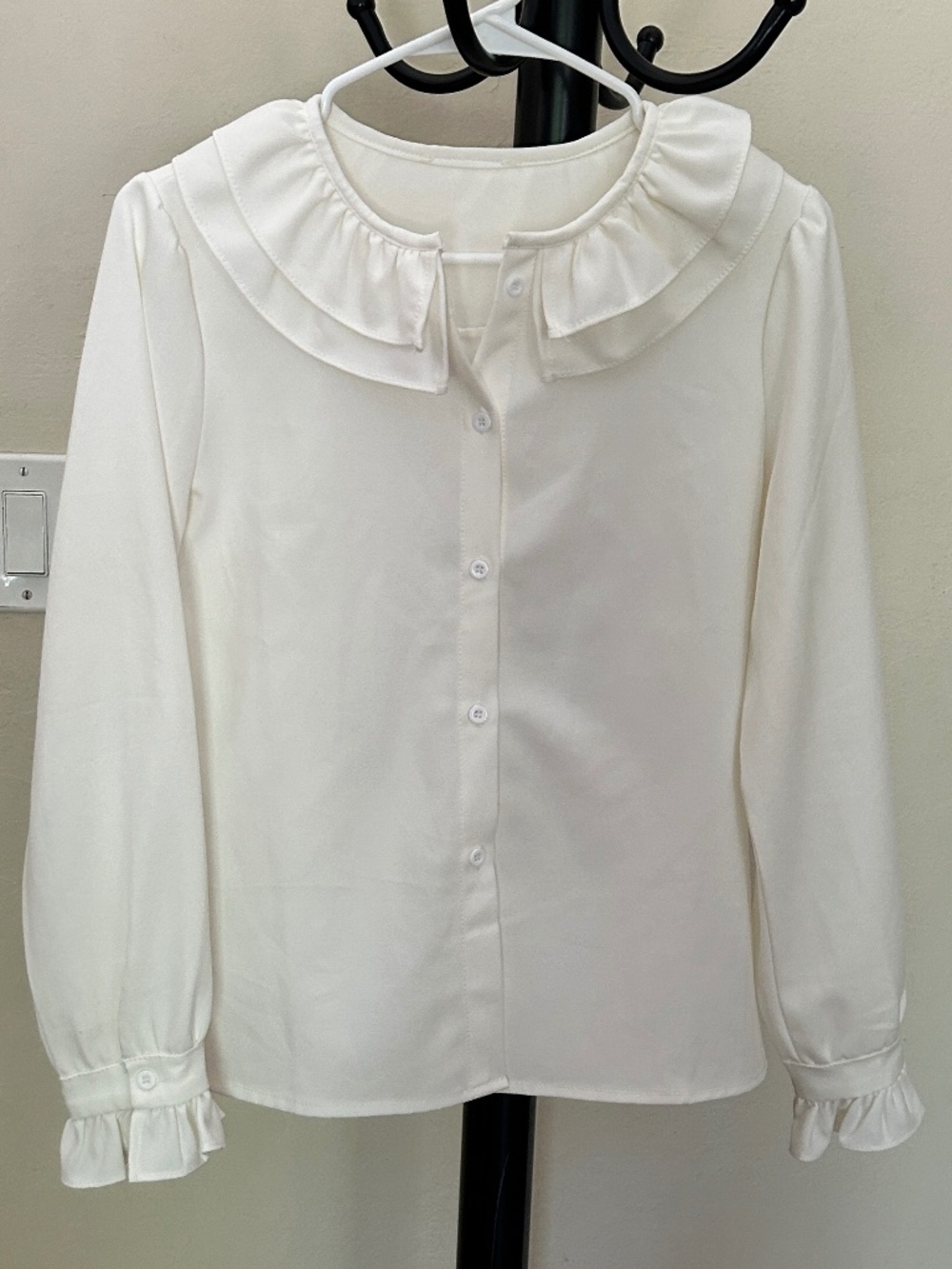 White Vintage-style Peter Pan Collar Long Sleeve Wrinkle Free Blouse Shirt